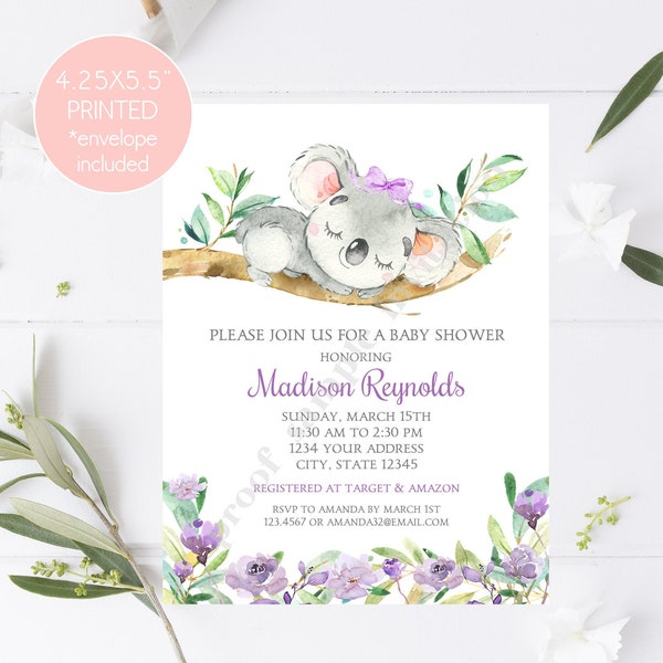 Custom PRINTED 4.25X5.5 Watercolor Koala Baby Shower, Purple Koala Baby Shower Invitation, envelopes included