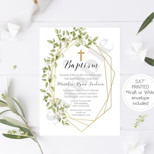 May include: A 5x7 inch baptism invitation with a gold geometric frame and green leafy vines. The invitation features a gold cross and the text "Baptism" in a cursive font. The text "Please join us in celebrating the baptism of our son Matthew Ryan Jackson" is printed in black. The invitation includes the date, time, and location of the baptism, as well as information about a luncheon to follow. The invitation also includes contact information for regrets only.