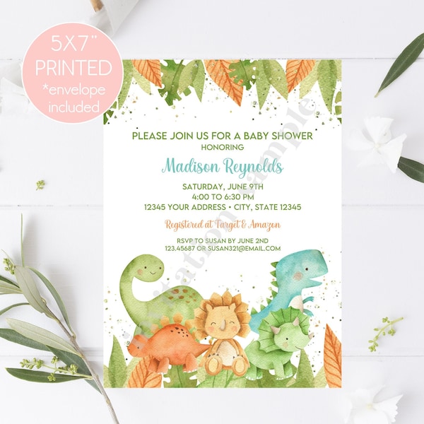 PRINTED 5X7 Dinosaur Baby Shower Invitation, Dino Baby, Watercolor Dinosaur Baby Shower, envelopes included