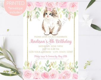 Pink Floral Kitten Birthday Invitation, Birthday, Any Age, 5x7" Birthday Invitation, Kitten Cat Girl Birthday, envelope included