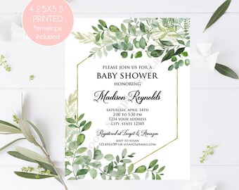 Custom PRINTED 4.25X5.5 Greenery, Boho, Eucalyptus Baby Shower invitation, Gold, It's a boy, It's a girl, gender neutral, envelope included