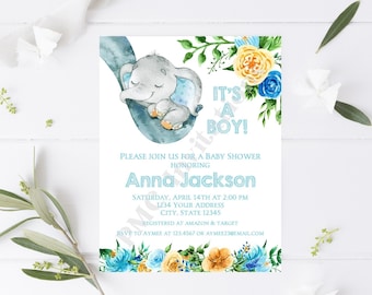 Custom PRINTED 4.25X5.5 Watercolor Blue Floral, Elephant, Baby Shower, Elephant Baby Shower Invitation, kraft or white envelope