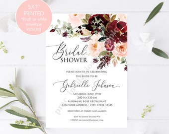 Custom Printed 5X7" Watercolor Pink Peach Burgundy Floral Bridal Shower Invitations, Floral Bridal Shower Invitation, with envelopes