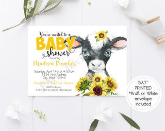 Custom PRINTED 5X7" Watercolor Sunflower, Cow Baby Shower Invitation, Girl Cow, Sunflowers Baby Shower Invitation - 1.00 each with envelope