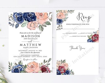 Printed 5X7 Navy Burgundy Pink Floral Wedding Invitation, Floral Wedding Invitation, Navy Pink Floral Wedding Invitation, envelope included