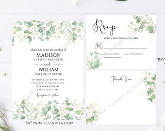 Printed 5X7 Eucalyptus Wedding Invitation, Wedding Invitation, Greenery Eucalyptus Wedding Invitation, Simple Wedding, envelope included