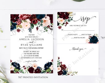 Printed 5X7 Navy Burgundy Pink Floral Wedding Invitation, Floral Wedding Invitation, Navy Pink Floral Wedding Invitation, envelope included