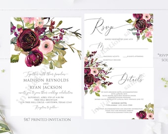 Printed 5X7 Watercolor Burgundy and Pink Floral Wedding Invitation, Floral Wedding Invitation, Gold Floral Wedding Invitation, with envelope