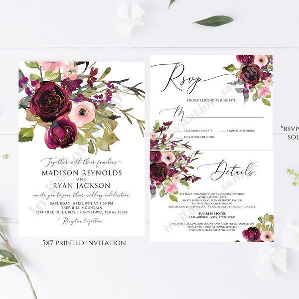 Printed 5X7 Watercolor Burgundy and Pink Floral Wedding Invitation, Floral Wedding Invitation, Gold Floral Wedding Invitation, with envelope