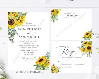 Printed 5X7 Sunflower Wedding Invitation, Sunflower Eucalyptus Wedding Invitation, Wedding Invitation envelope included