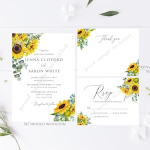 Printed 5X7 Sunflower Wedding Invitation, Sunflower Eucalyptus Wedding Invitation, Wedding Invitation envelope included