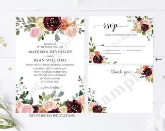 Printed 5X7 Burgundy Peach Pink Wedding Invitation, Floral Wedding Invitation, Wedding Invitation, Simple Wedding, envelope included