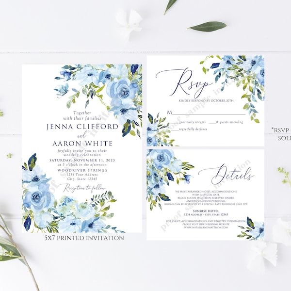 Printed 5X7 Dusty Blue Floral Wedding Invitation, Blue Floral Wedding Invitation, Wedding Invitation, Blue Greenery Floral, with envelopes
