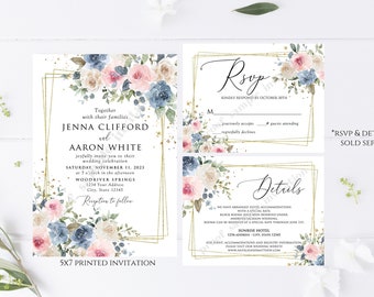 Printed 5X7 Greenery, Greenery Floral Wedding Invitation, Blush Pink, Pink and Blue Floral Wedding Invitation, Wedding Invitation