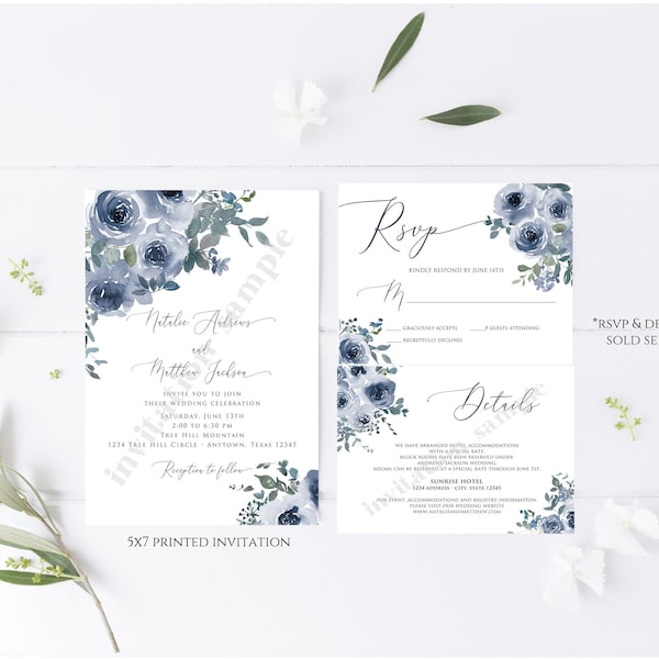 Printed 5X7 Watercolor Blue Floral Wedding Invitation, Dusty Blue Wedding Invitation, Blue Floral Wedding Invitation, envelope included