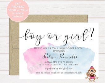Custom PRINTED 5X7 Gender Reveal Invitation, blue and pink, baby shower invite, Boy or girl, He or She, kraft or white envelope