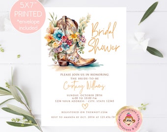 PRINTED 5X7" Country Western Bridal Shower Invitation, Rustic Western, Cowgirl Bridal Shower, Cowgirl boots, envelopes included