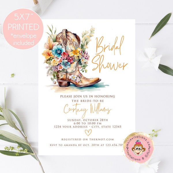 PRINTED 5X7" Country Western Bridal Shower Invitation, Rustic Western, Cowgirl Bridal Shower, Cowgirl boots, envelopes included