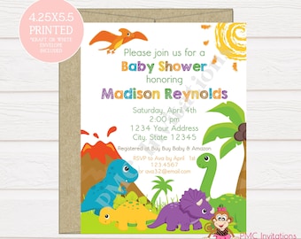 Custom PRINTED 4.25X5.5 Dinosaur Baby Shower Invitation, kraft or white envelope