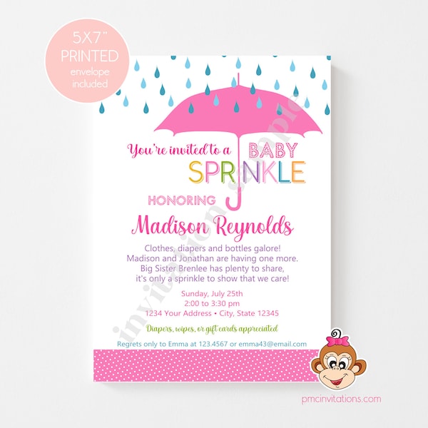 Custom PRINTED 5X7" Pink Umbrella Rain Baby Sprinkle Invitations, Girl Baby Sprinkle Invitation, envelopes included