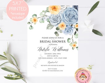 Custom Printed 5x7" Greenery Floral Bridal Shower Invitation, Dusty Blue, Orange, Floral Bridal Shower Invitation, Bridal Shower