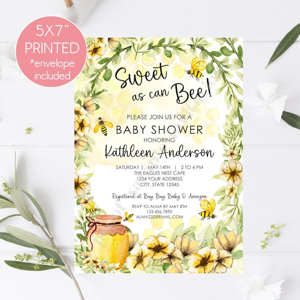 Sweet as can Bee Baby Shower Invitations, bee, honey, girl, honeycomb, watercolor, floral, Printed 5X7", with envelopes