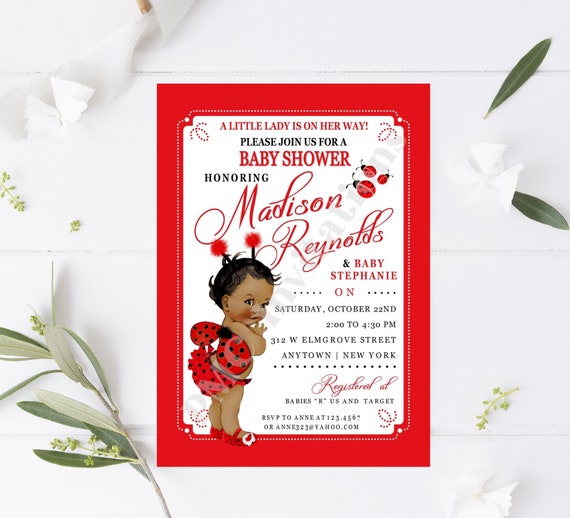 Custom Printed Shabby Chic - Antique - Vintage - African American Ladybug Baby Shower Invitations - 1.00 each with envelope Il_570xn