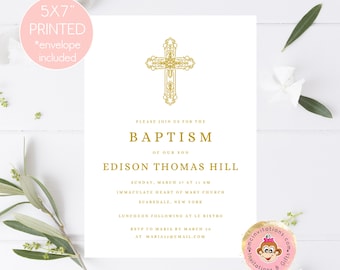 Custom PRINTED 5X7 Baptism, First Communion, Christening, Confirmation Invitation - Baptism Invitation - envelope included
