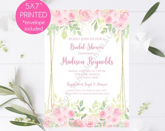 Impreso 5x7" Pink Floral Bridal Shower Invitation, Blush Pink, Gold, Pink Floral Bridal Shower Invitation, Bridal Shower, sobres incluidos