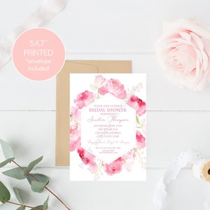 Printed 5x7 Pink Floral Bridal Shower Invitation, Bridal Shower, Printed Bridal Shower Invitation, Watercolor Pink Floral, with envelope image 3