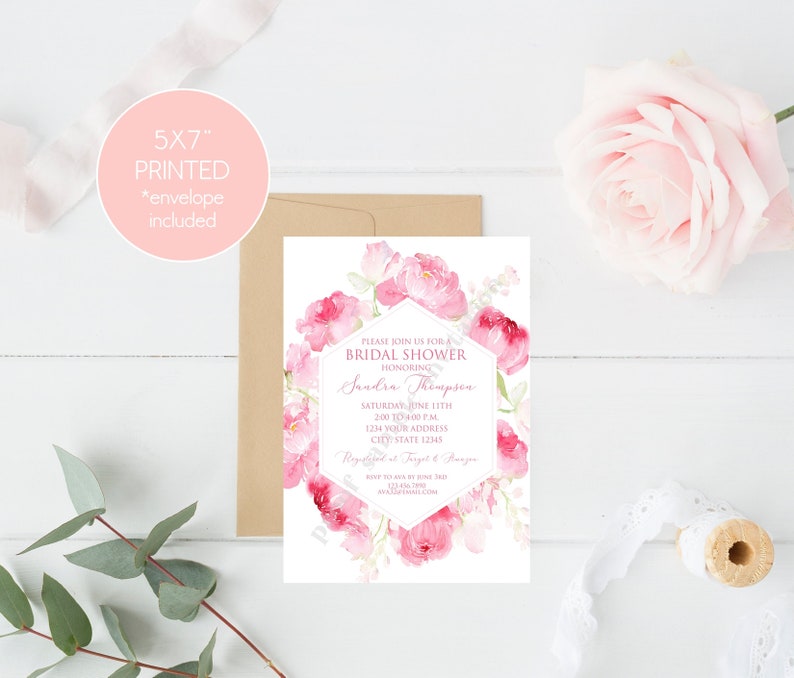 Printed 5x7 Pink Floral Bridal Shower Invitation, Bridal Shower, Printed Bridal Shower Invitation, Watercolor Pink Floral, with envelope image 3