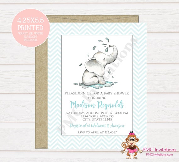Custom PRINTED 4.25X5.5 Watercolor Blue, Chevron, Elephant, Baby Shower, Elephant Baby Shower Invitation, kraft or white envelope Il_570xn