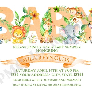 Custom Printed Jungle, Watercolor, Wild Animals, Safari Baby Shower Invitations boy, girl, gender neutral 1.00 each with envelope image 4