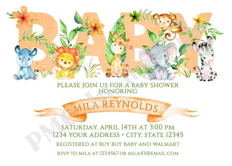 Custom Printed Jungle, Watercolor, Wild Animals, Safari Baby Shower Invitations boy, girl, gender neutral 1.00 each with envelope image 4