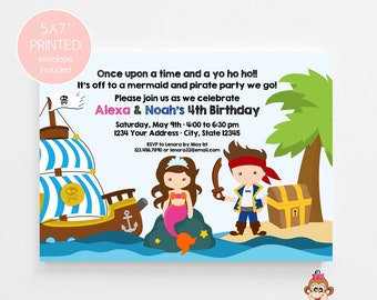 Printed Mermaid and Pirate Birthday Invitations, Boy Girl Birthday Party, Mermaid and Pirate Party, Printed Invitations, with envelope