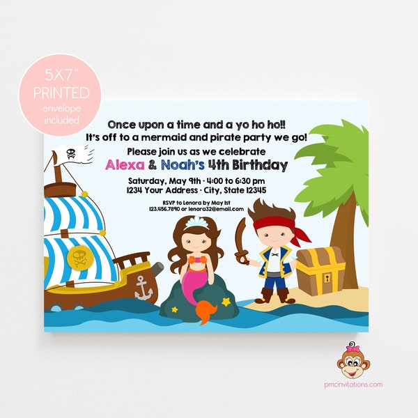 Printed Mermaid and Pirate Birthday Invitations, Boy Girl Birthday Party, Mermaid and Pirate Party, Printed Invitations, with envelope