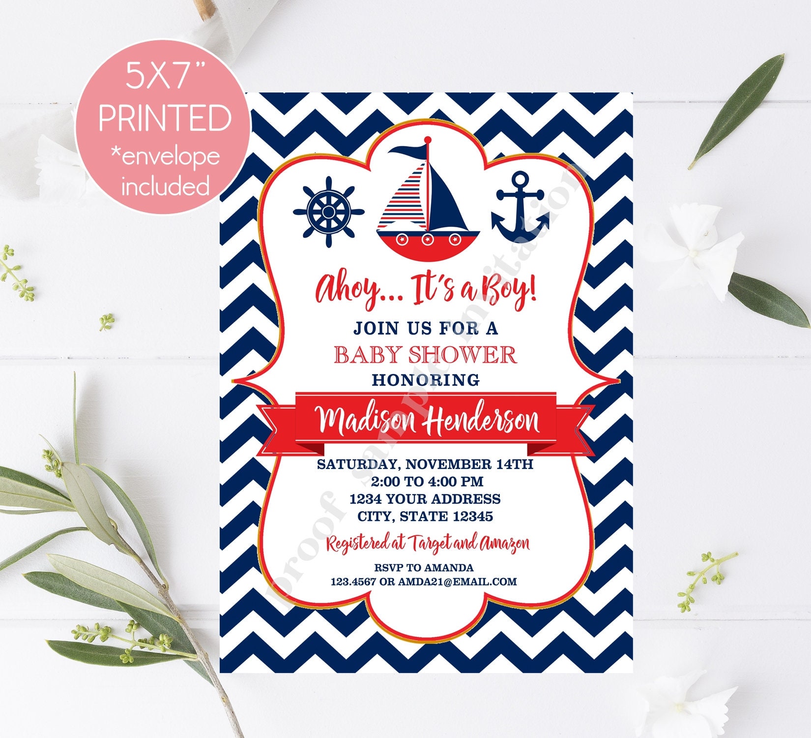 Invitaciones para baby shower náutico, azul marino y rojo, ancla, velero y  chevron (con sobres) - Etsy México, image size:1650x1500