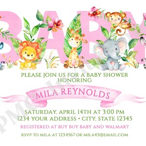 Custom Printed Jungle, Watercolor, Wild Animals, Safari Baby Shower Invitations boy, girl, gender neutral 1.00 each with envelope image 3