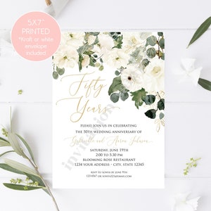 Printed 5X7" Watercolor White Floral 50th Anniversary Invitations, Greenery Floral, 50th Wedding Anniversary, Fifty Years, envelope included