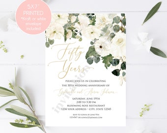 Printed 5X7" Watercolor White Floral 50th Anniversary Invitations, Greenery Floral, 50th Wedding Anniversary, Fifty Years, envelope included