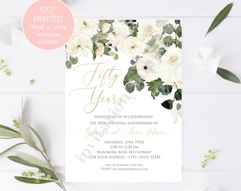 Invitaciones impresas de 5x7" con acuarela floral blanca para el 50 aniversario, diseño floral verde, 50 aniversario de bodas, cincuenta años, sobre incluido.
