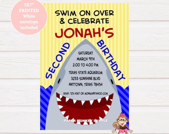 Custom Printed 5X7" Shark Birthday Party Invitations - envelope included