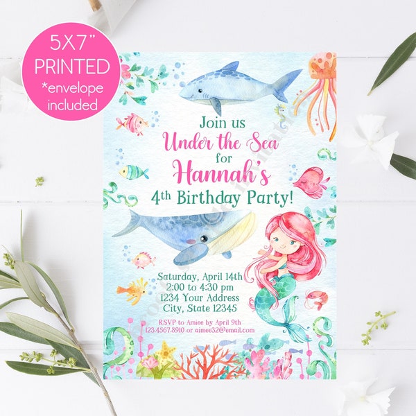 Under the Sea, Mermaid, Ocean, Birthday Invitation, Sea creatures, Ocean, Watercolor, Printed Invitations, envelope included