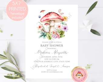 Printed/Shipped Mushroom Baby Shower Invitation, Mushroom Baby Shower Invitation, 5X7 Printed Mushroom Baby Shower