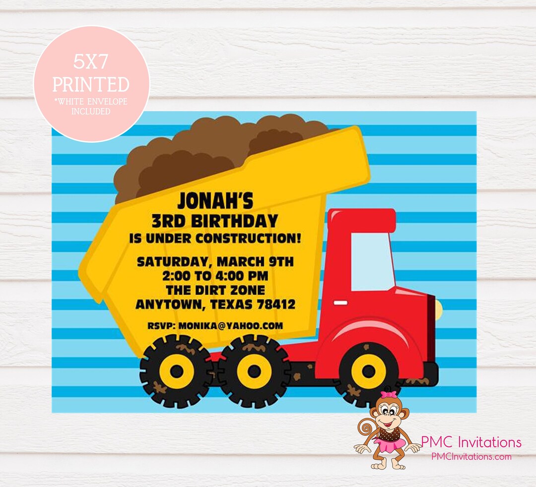 Custom Printed Dump Truck Birthday Party Invitations 1.00 Each With