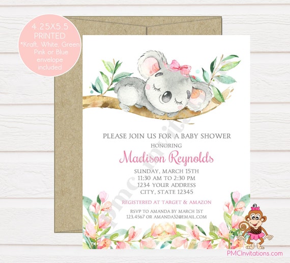 Custom Printed 4 25x5 5 Watercolor Koala Baby Shower Girl Boy Gender Neutral Koala Baby Shower Invitation Envelopes Included By Paper Monkey Company Catch My Party Custom Printed 4 25x5 5 Watercolor Koala Baby Shower Girl Boy Gender Neutral Koala Baby Shower Invitation Envelopes Included By Paper Monkey Company Catch My Party