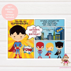 Custom Printed 5X7 Comic Superhero Birthday Invitations Superhero Birthday Superhero Party 1.00 each with envelope image 1
