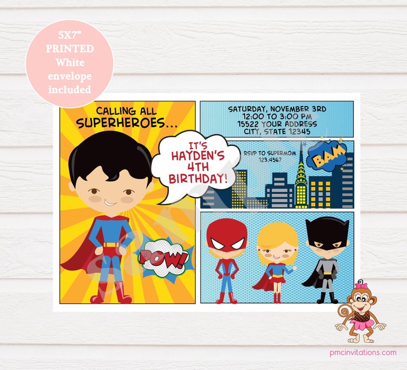 Custom Printed 5X7 Comic Superhero Birthday Invitations Superhero Birthday Superhero Party 1.00 each with envelope image 1