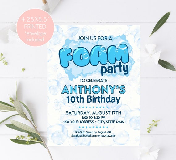 PRINTED 4.25X5.5 Foam Party Birthday Invitation, Foam Party Invitations