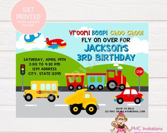 Custom Printed Plane, Dump Truck, Train, Automobile Birthday Invitations - 1.00 each with envelope